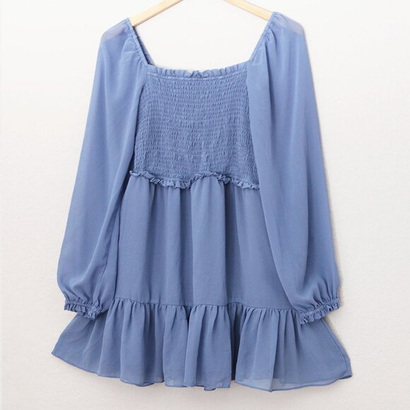 1.STATE Women's L Long Sleeves Smocked Ruffle Skirt Mini Dress Chiffon Blue $99 - Picture 14 of 15